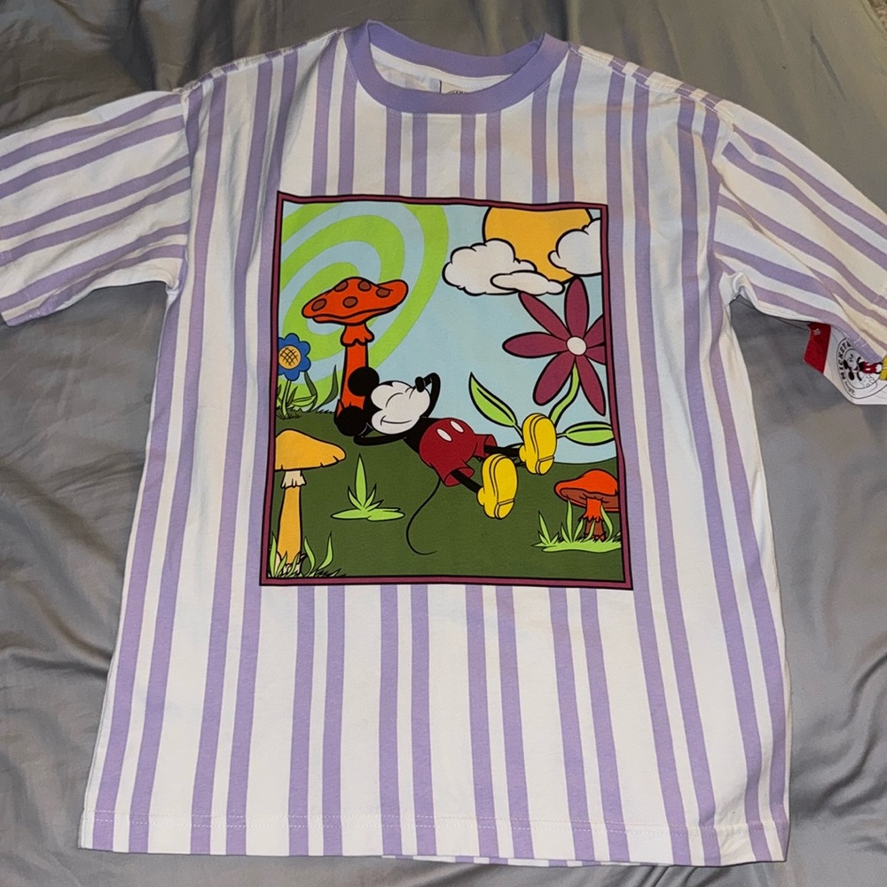 NEW Disney Shirt Adult XS White Purple Mickey & Co Mouse Striped Parks